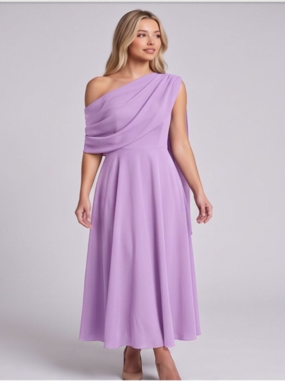 Purple One-Shoulder Chiffon Draped Cape Midi Dress